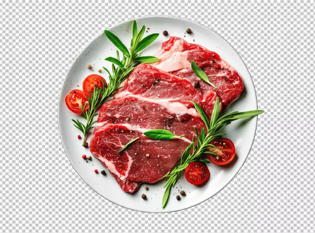 Fresh Raw Beef Steaks with Aromatic Rosemary and Ripe Tomatoes Ready for Healthy Cooking