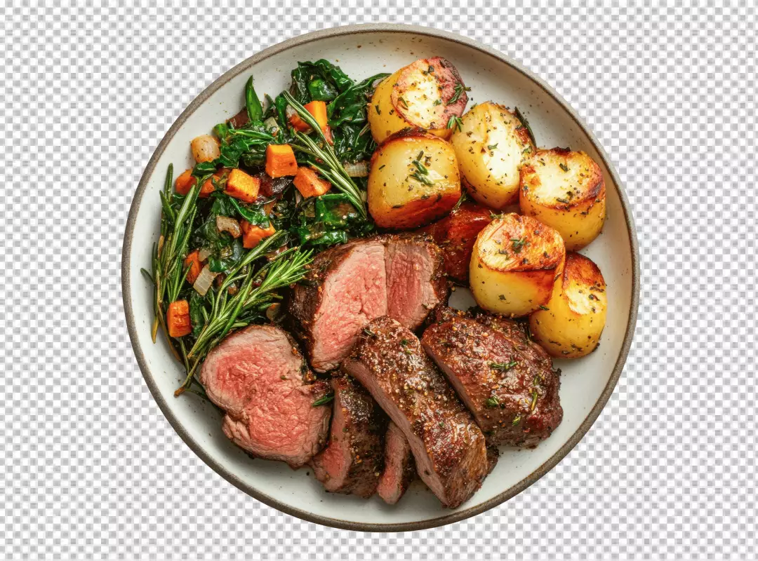 Gourmet Sliced Steak Dinner with Roasted Potatoes and Fresh Rosemary Greens