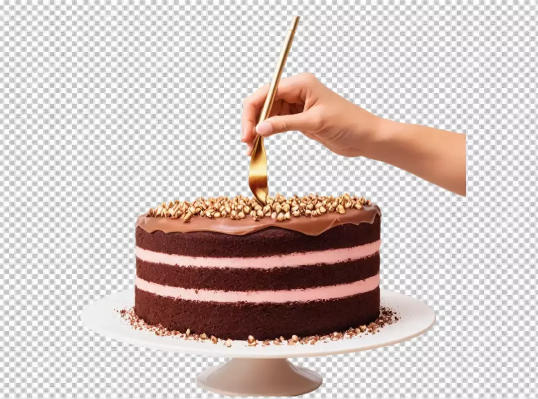 Hand Digging into Decadent Chocolate Cake with Pink Layers and Golden Sprinkles
