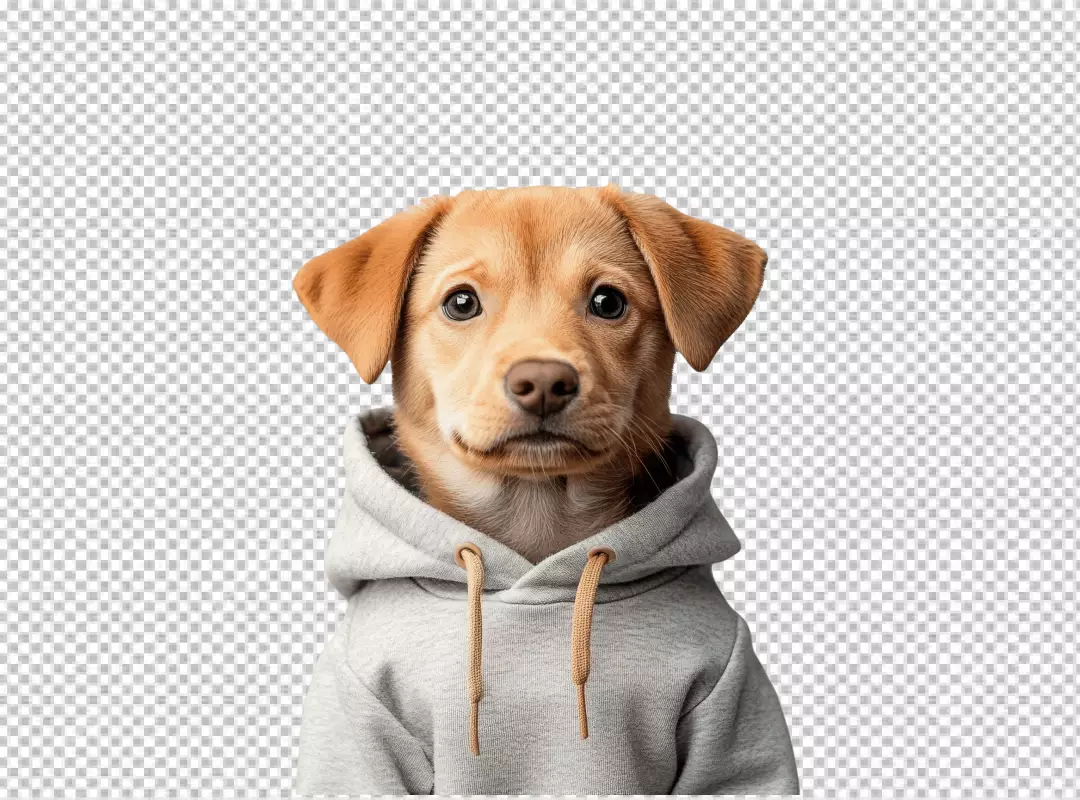 Adorable Puppy in Stylish Grey Hoodie Looking at Camera Cute Pet PNG