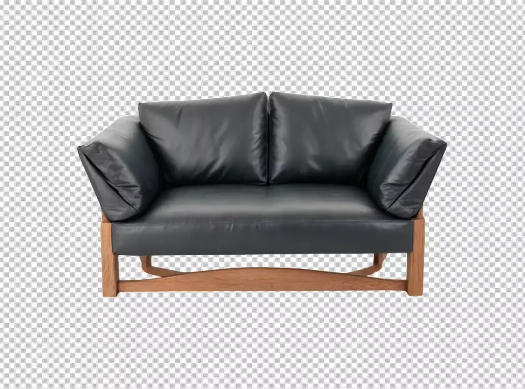Stylish Black Leather Sofa with Natural Wooden Frame on White Background