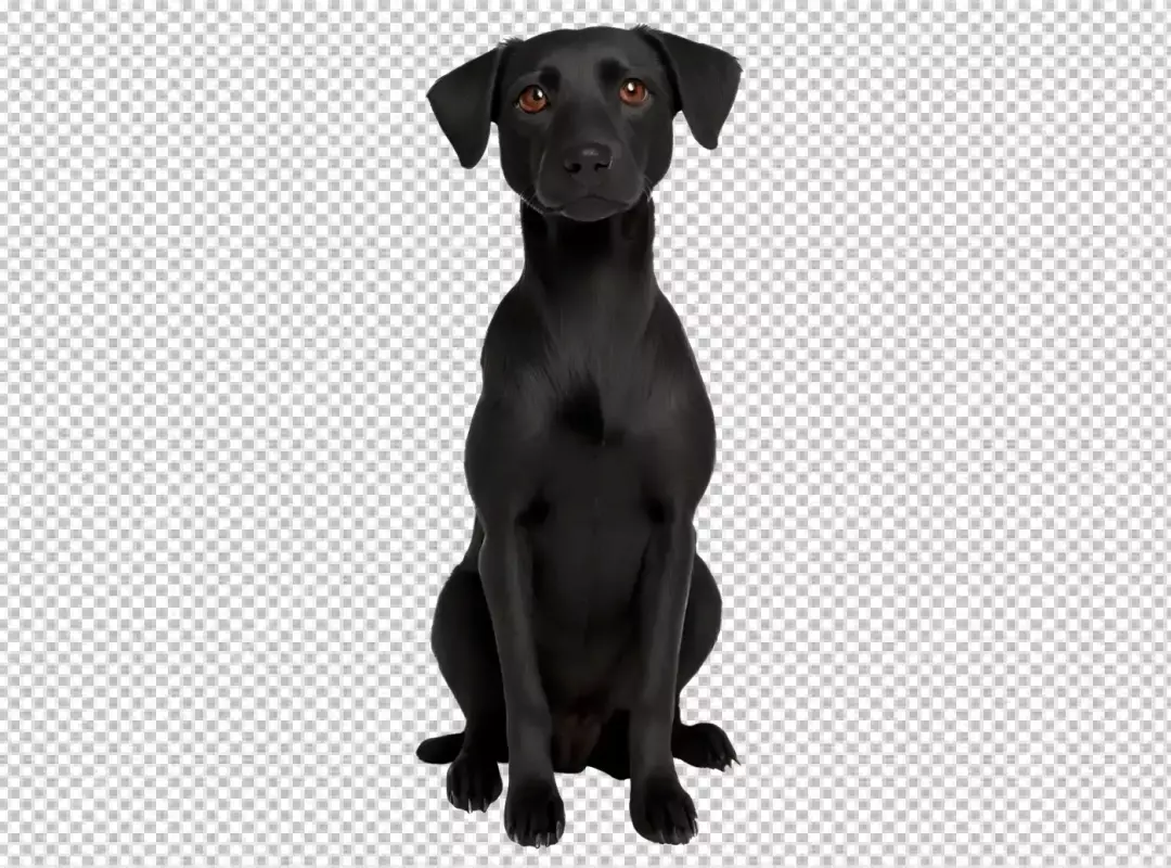 Graceful Black Dog Sitting Attentively with Warm Brown Eyes on White Background