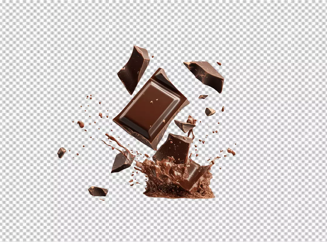 Delicious Dark Chocolate Pieces Falling with a Rich Chocolate Splash Dynamic Composition