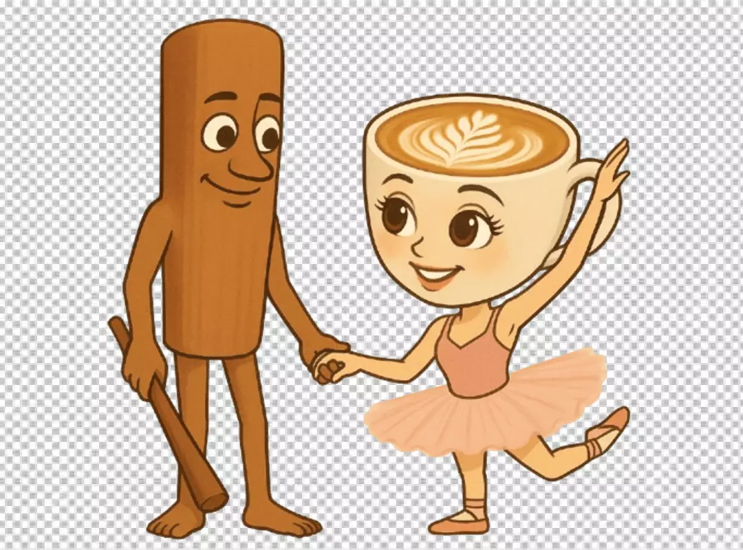 Charming Cartoon Cinnamon Stick Character Dancing with Latte Art Ballerina