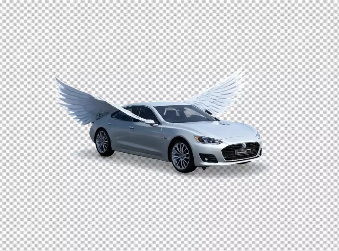Elegant Silver Sedan with White Angel Wings Symbolizing Freedom and Innovation