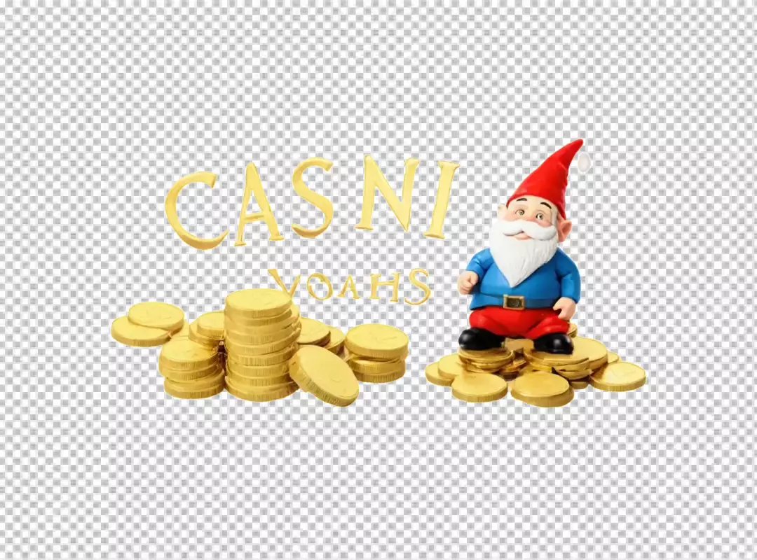 Whimsical Garden Gnome Standing on Stack of Gold Coins, Symbolizing Luck and Wealth