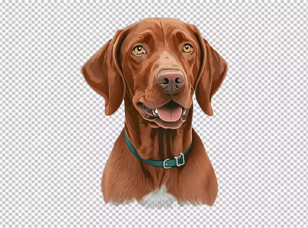 Vibrant Vizsla Dog Head Portrait with Alert Amber Eyes and Teal Collar