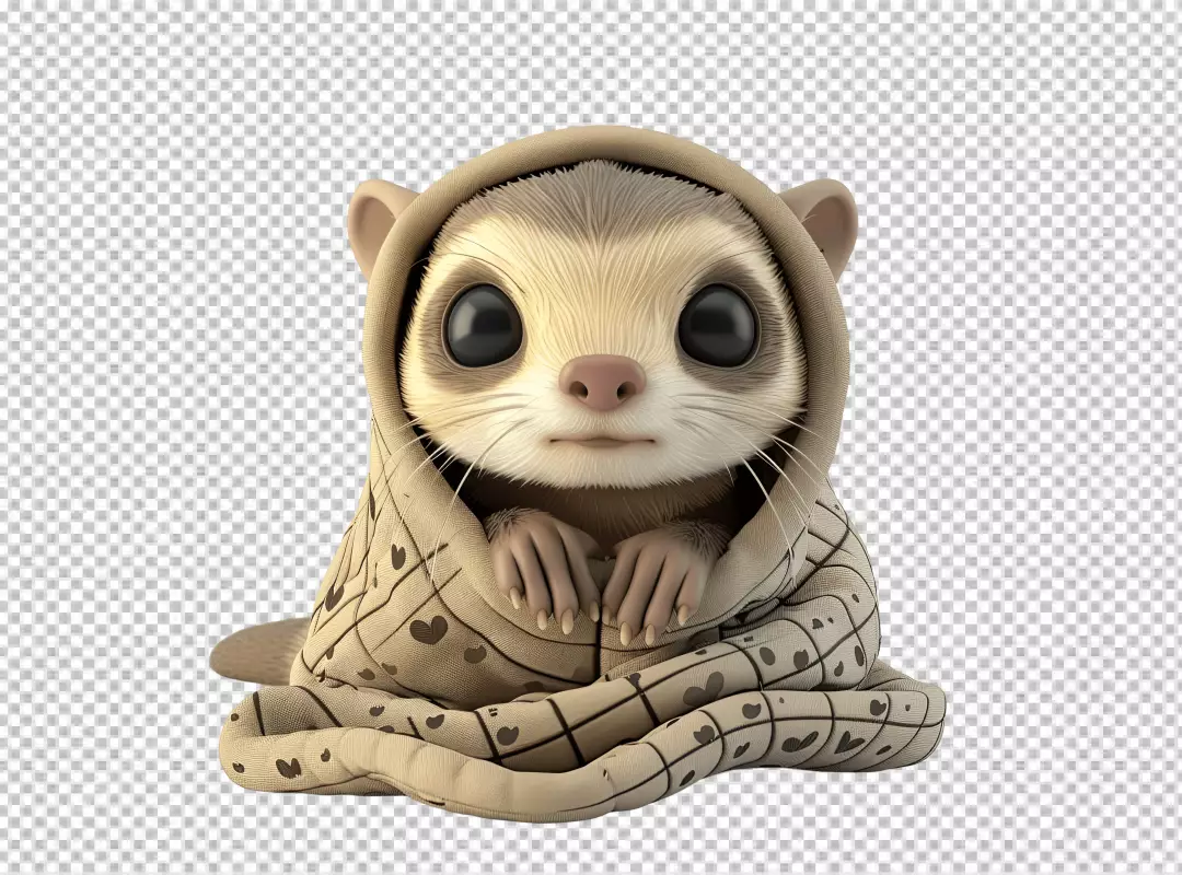 Adorable Cartoon Animal Wrapped in Cozy Heart Pattern Blanket PNG Cutout