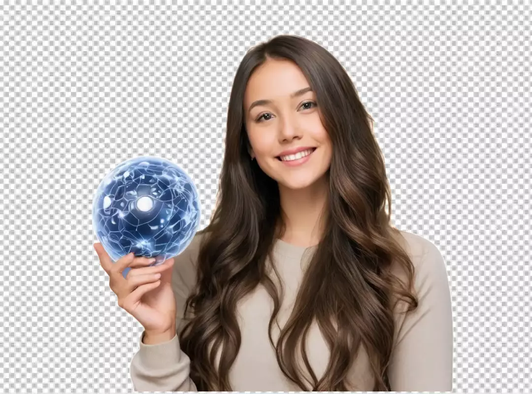 Smiling Young Woman Holding Glowing Blue Network Sphere Representing Digital Future and AI