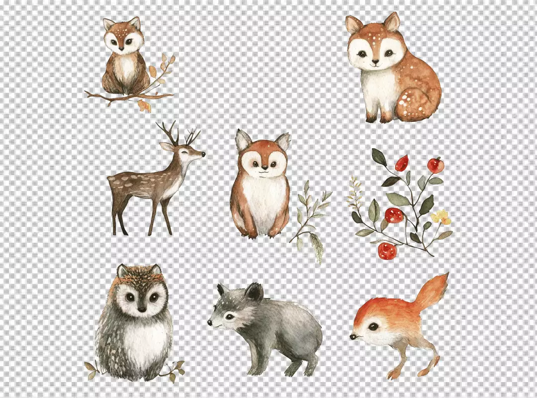 Cute Watercolor Forest Animals and Autumn Botanicals Collection PNG