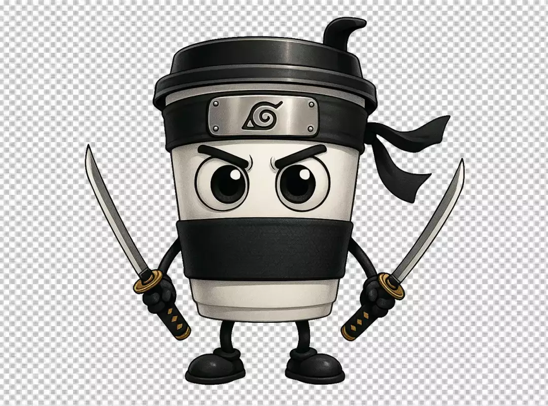 Fierce Coffee Cup Mascot with Dual Katanas and Ninja Headband