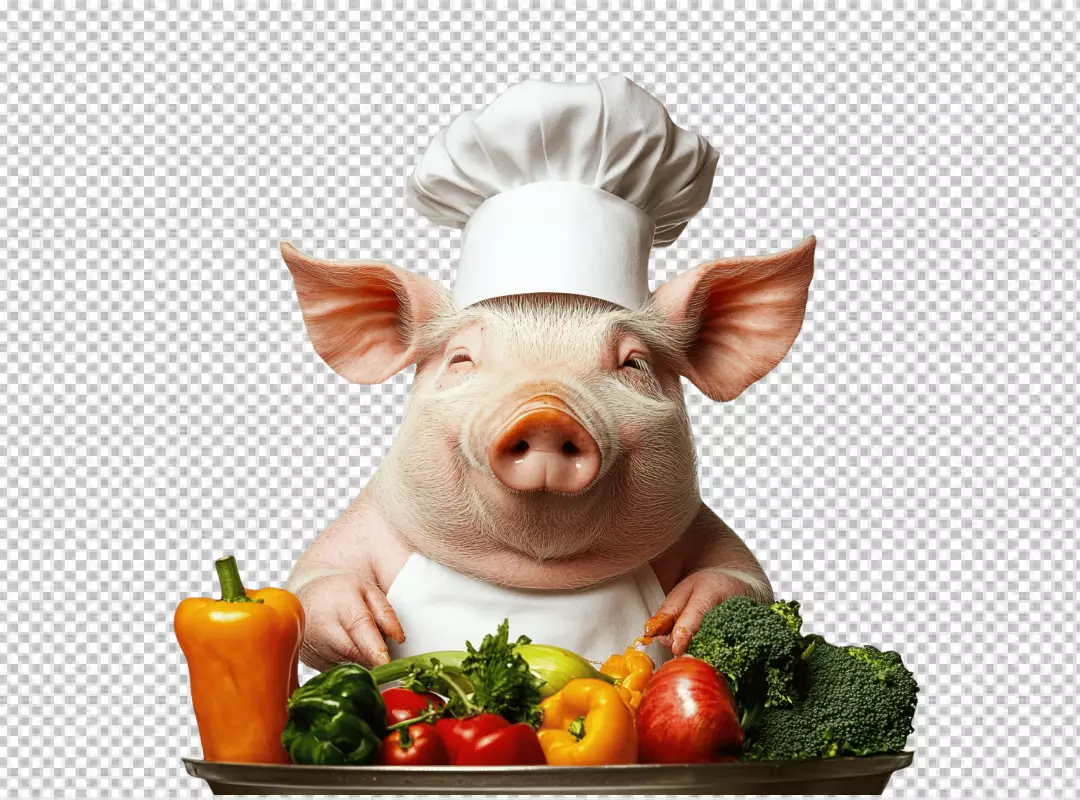 Smiling Pig Chef Presents Healthy Vegetables Culinary Mascot for Delicious Meal