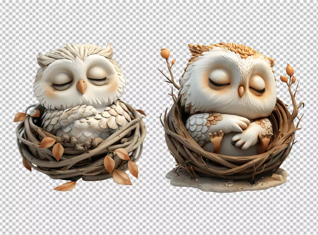 Adorable Sleeping Baby Owls in Cozy Nests PNG for Creative Projects