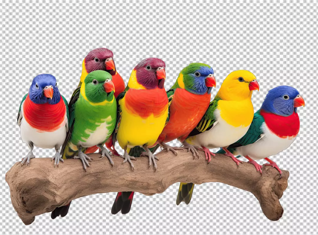 Vibrant Tropical Parrots Sitting on a Natural Branch - Colorful Bird Collection PNG