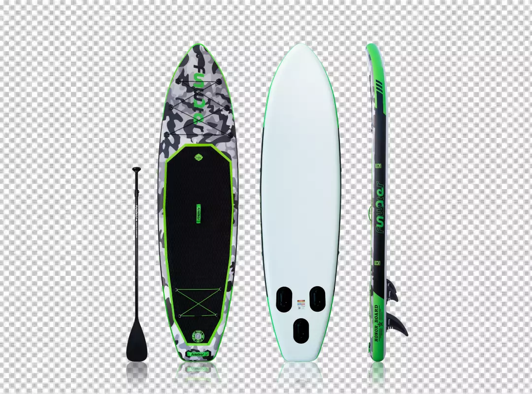 Modern Inflatable Camouflage Stand Up Paddleboard and Paddle Kit on Black Background
