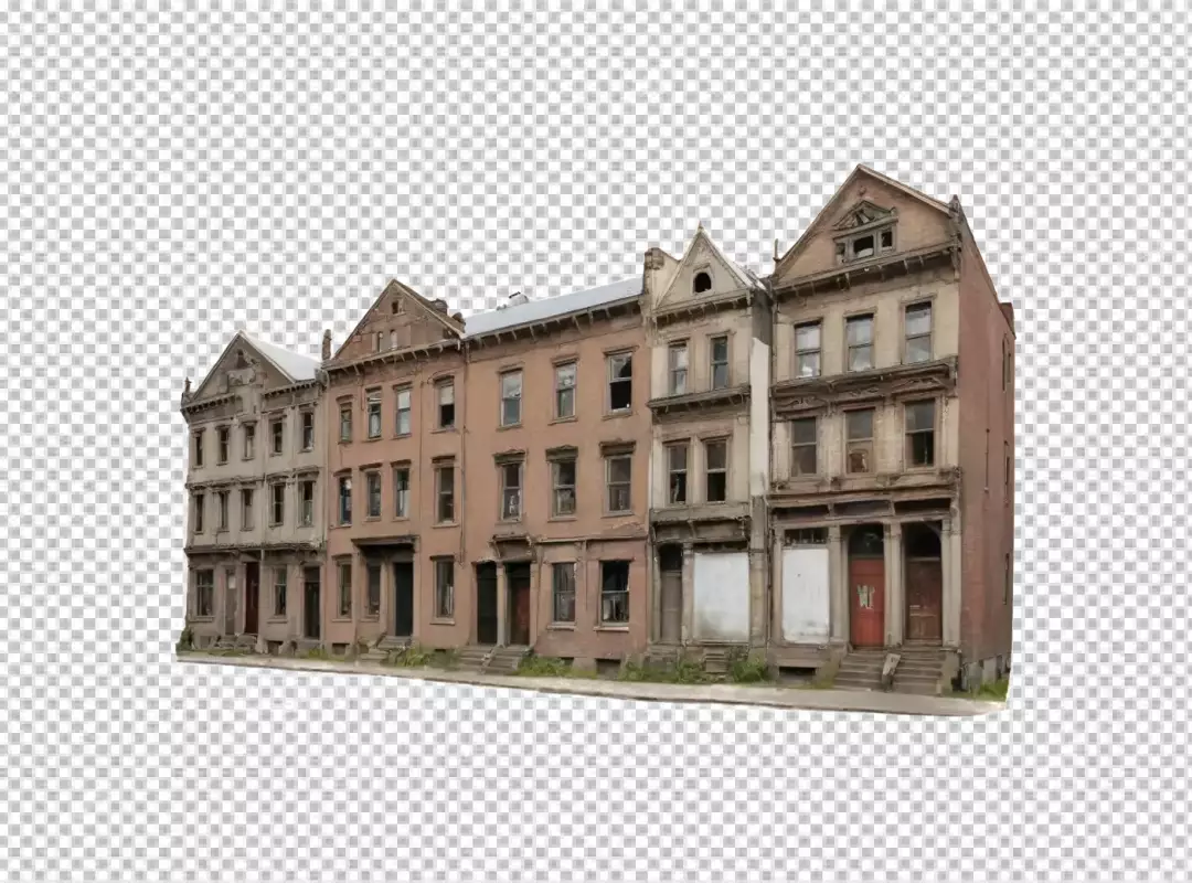 Row of Dilapidated Historic Urban Buildings Showing Decay and Neglect