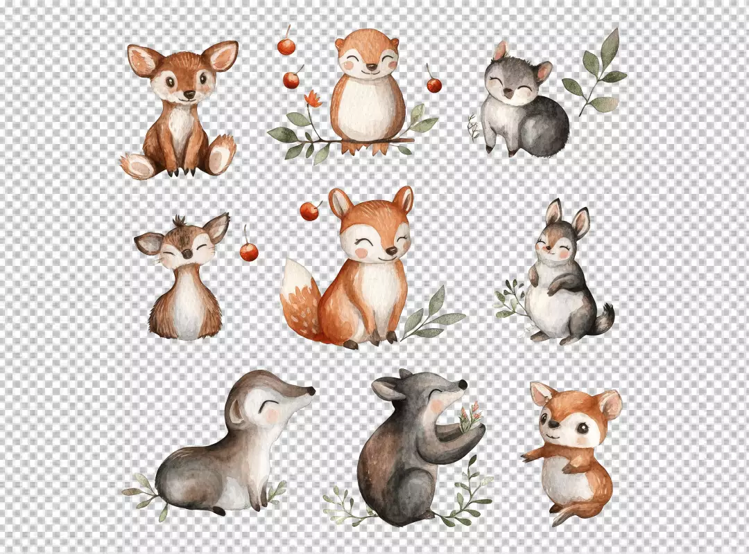 Adorable Watercolor Forest Animals Collection for Kids' Designs and Nursery Decor