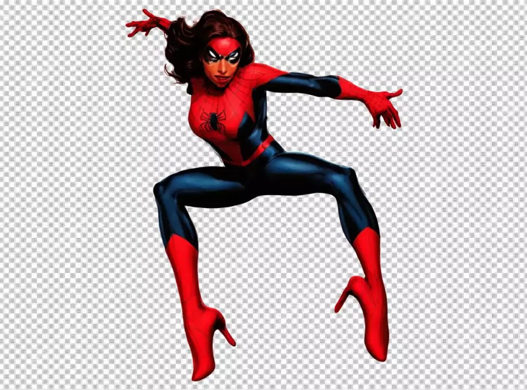 Dynamic Female Superhero in Red and Black Spider-Themed Costume with High Heels