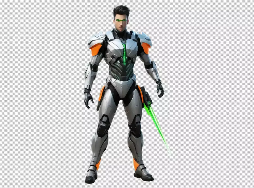 Futuristic Male Warrior in Advanced Silver Armor with Glowing Green Sword and Eyes