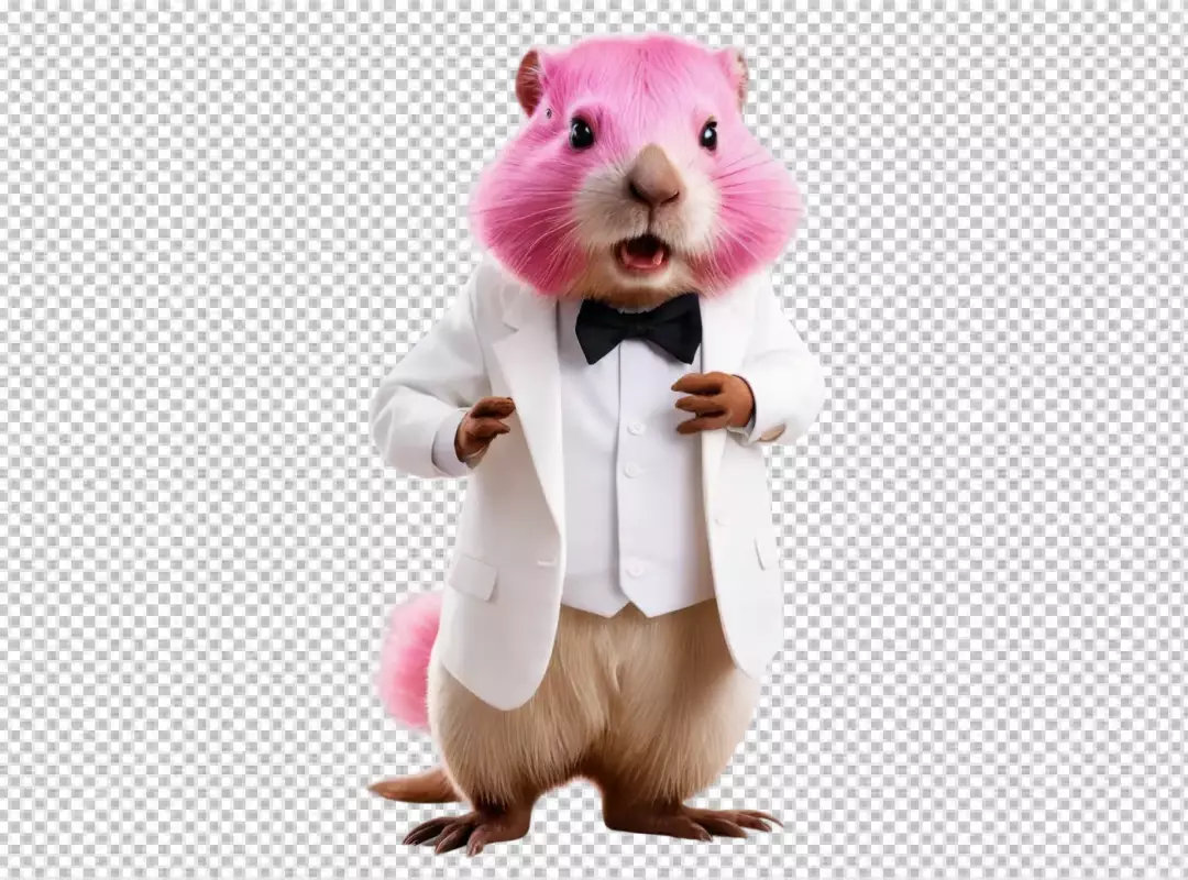 Whimsical Pink Rodent in White Tuxedo and Black Bow Tie Expressing Playful Surprise