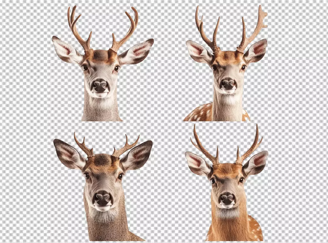 Realistic Deer Head Collection with Antlers - High-Quality PNG Cutout for Wildlife Designs
