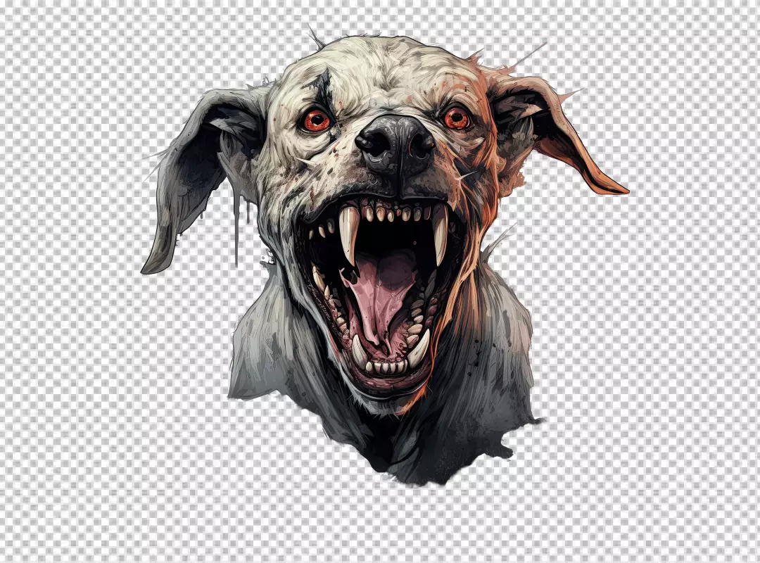 Fierce Zombie Dog Roaring with Glowing Red Eyes and Sharp Fangs