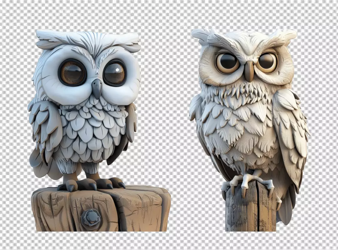 Pair of White Owl Statues: Cute Cartoon and Realistic 3D Render Art