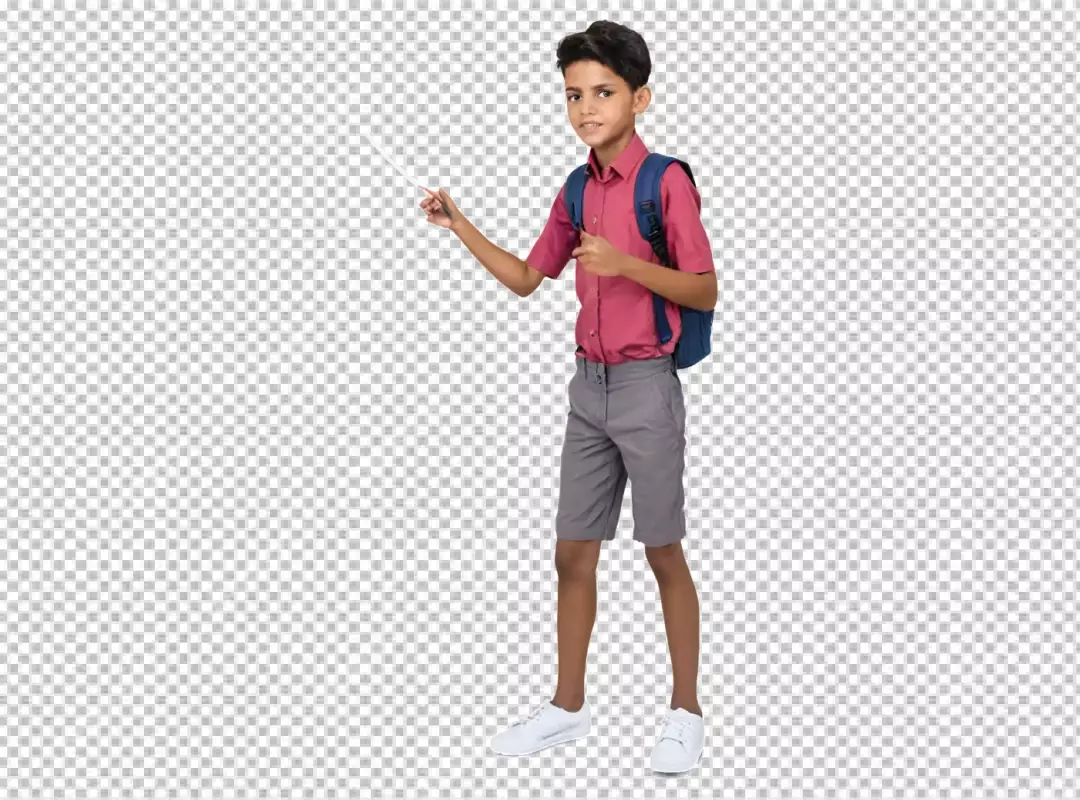 Young Boy Student with Backpack and Pointer Stick Presenting Upward