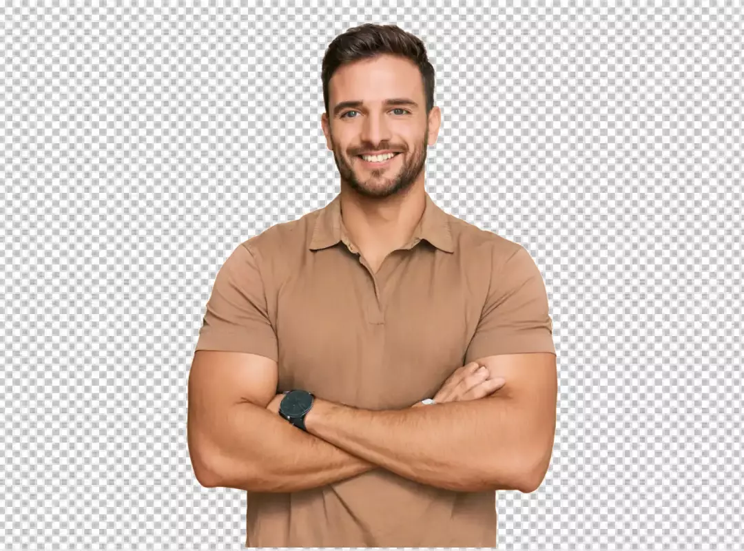 Confident Young Man Smiling with Folded Arms in Brown Polo Shirt