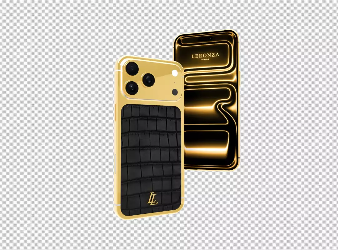 Premium Gold iPhone with Black Crocodile Leather and Leronza London Branding