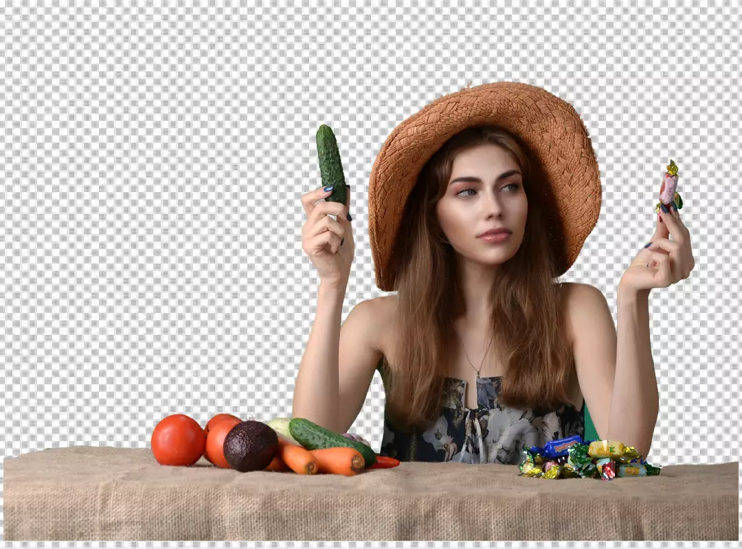 Woman Contemplating Healthy Food Versus Sweet Candy Lifestyle Choices