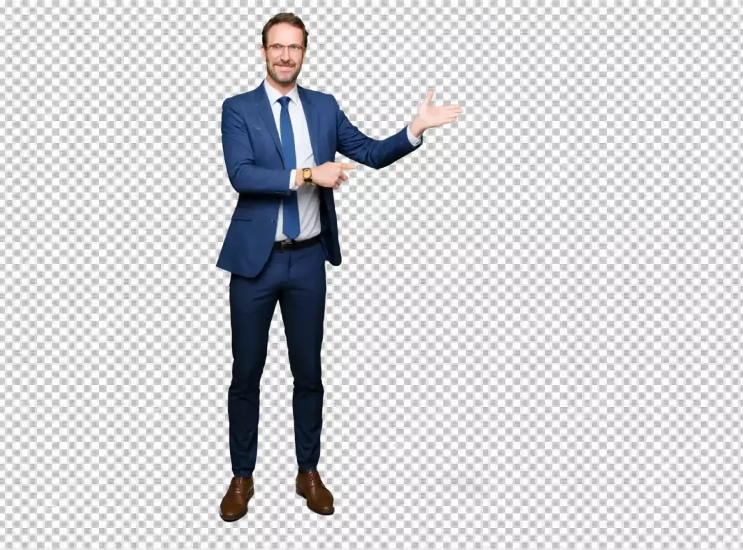 Confident Businessman in Blue Suit Pointing to Showcase New Opportunities or Ideas