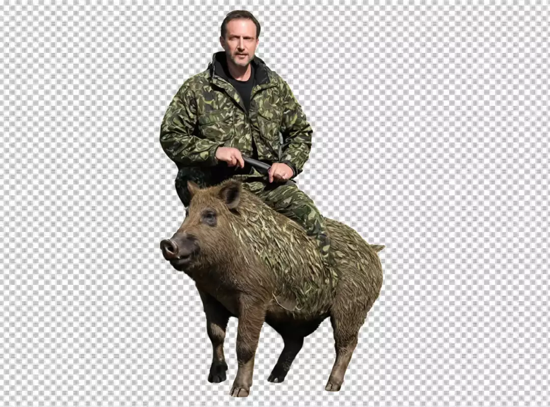 Adventurous Hunter in Camouflage Riding a Wild Boar with a Rifle