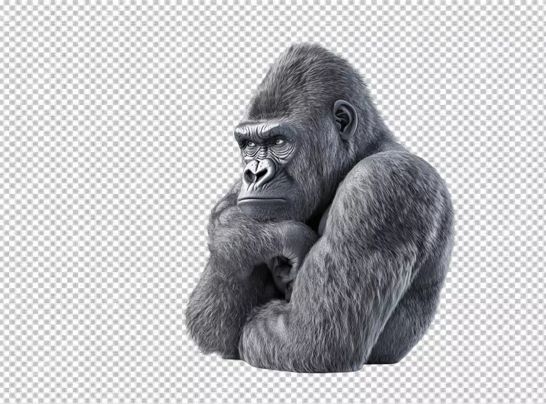 Realistic Gray Gorilla Contemplative Pose PNG Cutout for Animal Studies and Design