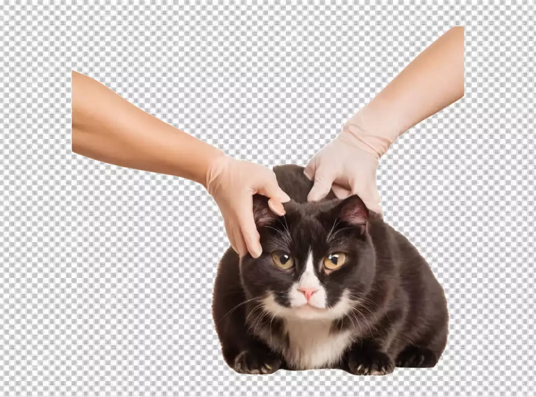 Professional Veterinary Hands in Gloves Examining a Domestic Black and White Cat's Head