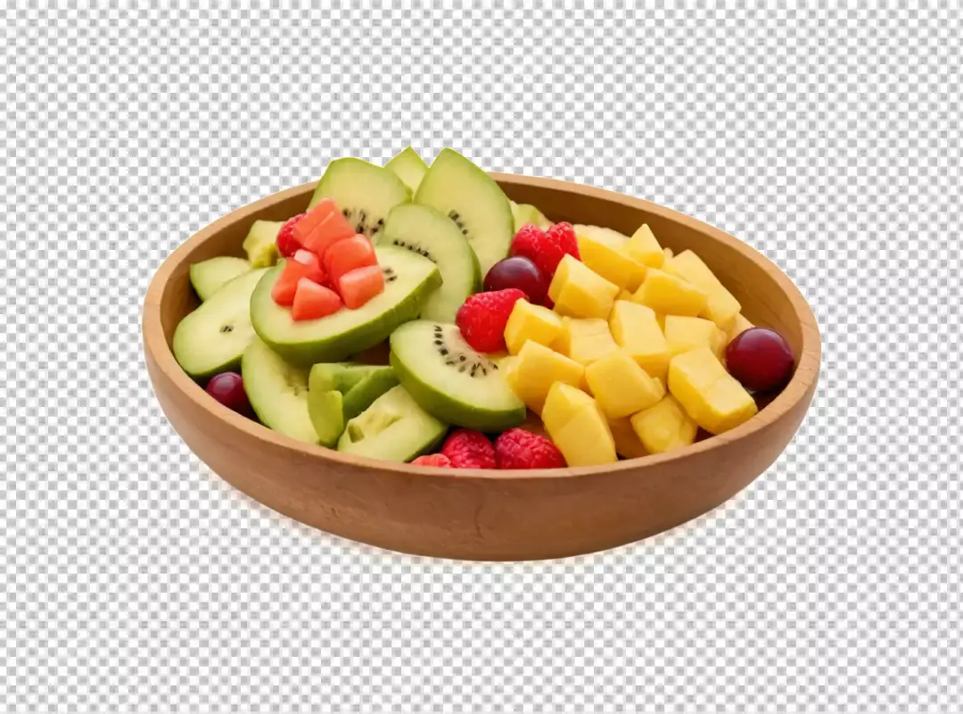 Vibrant and Fresh Mixed Fruit Salad with Kiwi, Mango, and Raspberries in Wooden Bowl