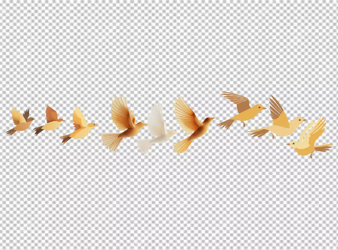 Colorful stylized birds flying, a peaceful flock of warm-toned avian creatures