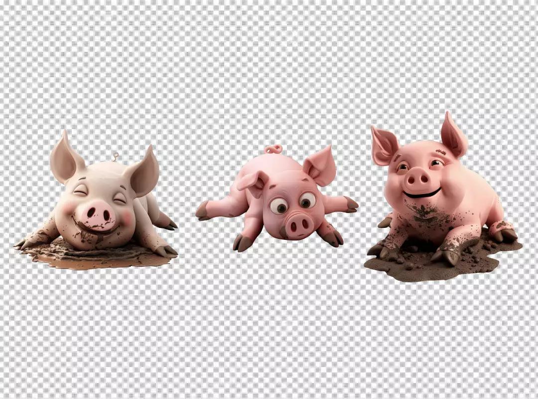 Cute Cartoon Pigs Playing Joyfully in Muddy Puddle PNG