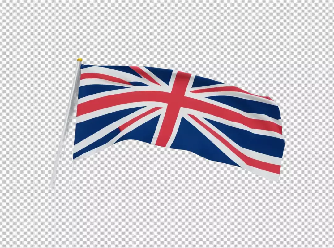Waving Union Jack Flag of Great Britain on Flagpole Against White Background