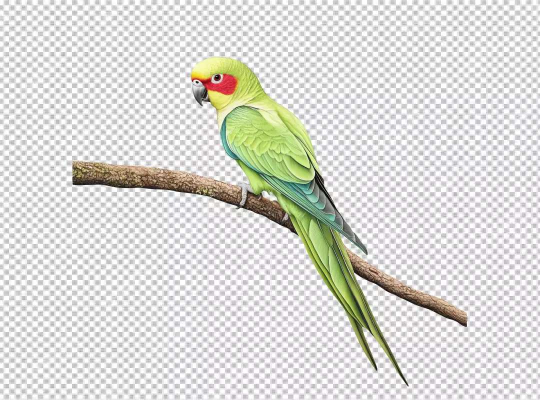 Vibrant Green Parrot Perching on Branch with Red Face Markings
