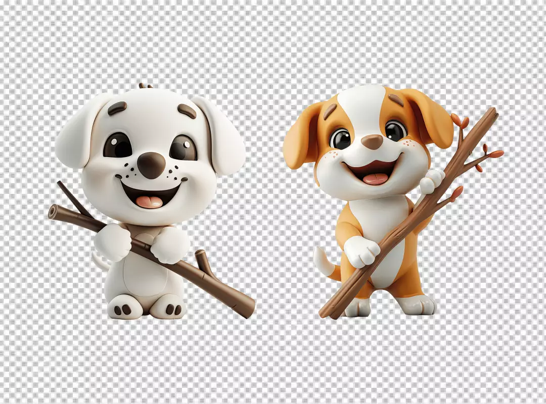 Adorable 3D Cartoon Puppies Playing with Sticks - High-Quality PNG Download for Design Projects