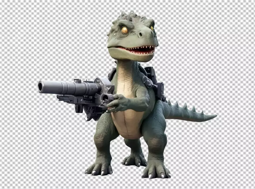 Adorable Green Dinosaur Character Wielding a Large Futuristic Blaster Cannon
