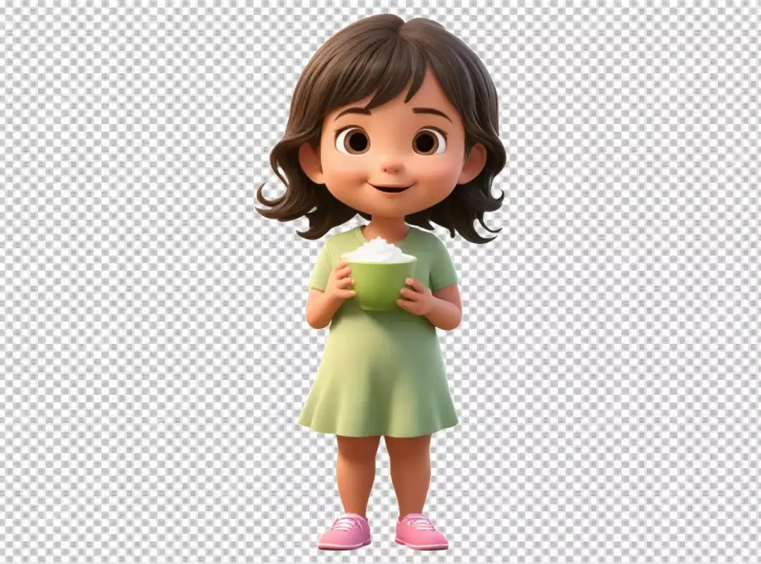 Happy 3D Character Girl Enjoying a Sweet Treat on White Background