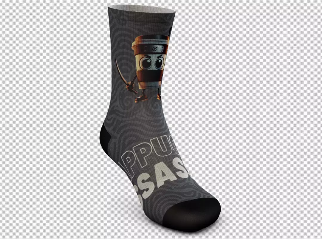 Humorous Coffee Cup Ninja Assassin Graphic on Patterned Gray Sock