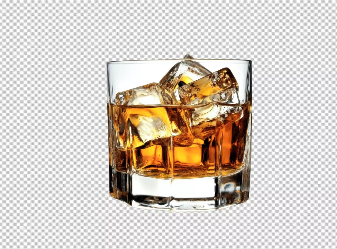 Refreshing Golden Brown Whiskey with Ice Cubes in Glass PNG Image