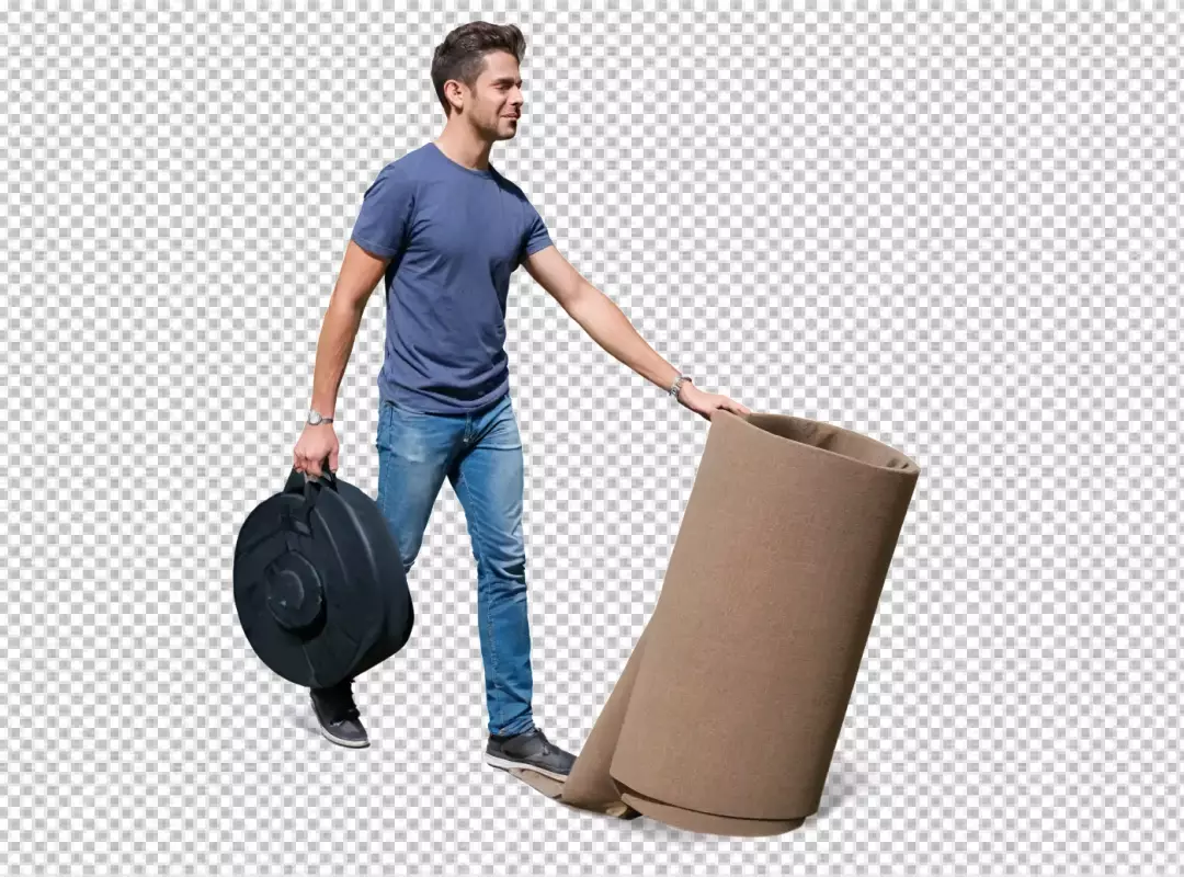 Smiling Young Man Carrying Bag and Rolling Brown Carpet for Home Improvement