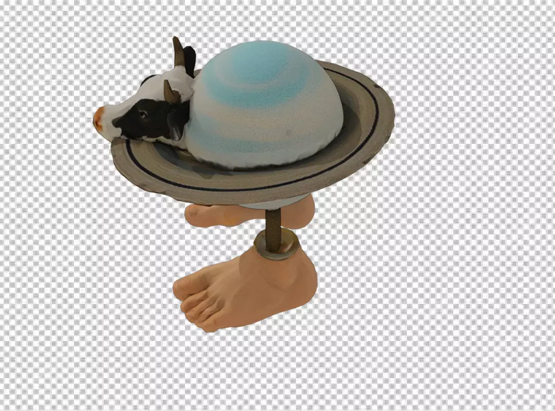Abstract Fantasy Sculpture: Cow Head, Ringed Planet, and Anthropomorphic Legs
