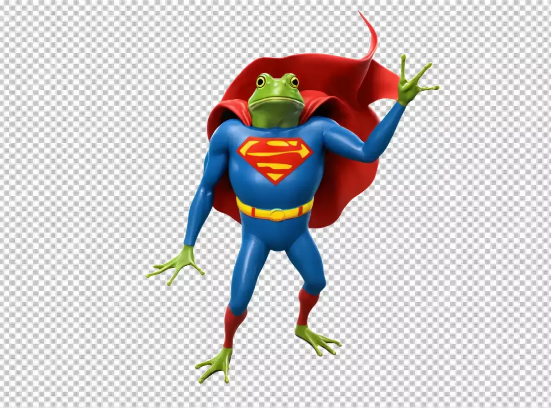 Dynamic Superhero Frog in Classic Blue Suit with Red Cape and Iconic Emblem