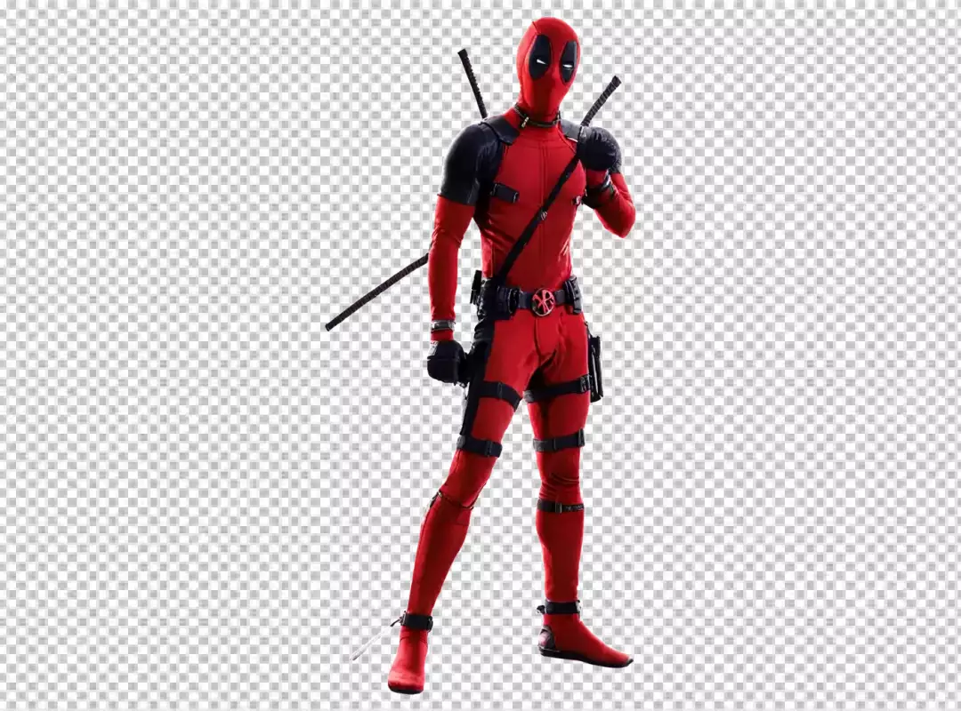Iconic Deadpool Character in Red and Black Suit with Katanas, Dynamic Action Pose