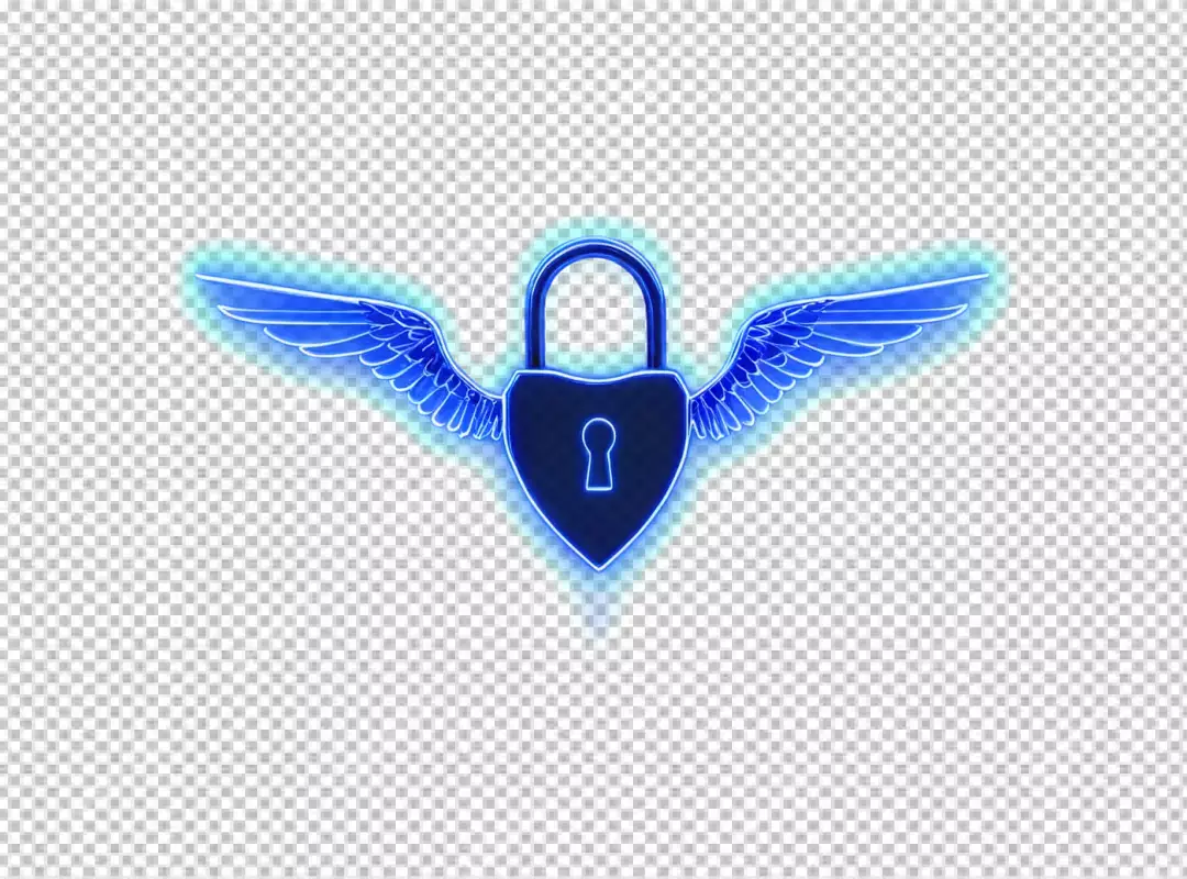Vibrant Blue Neon Heart-Shaped Padlock with Wings Digital Security Concept